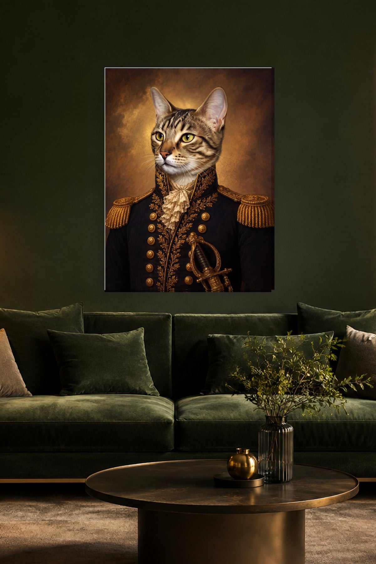 Leinwand im Wohnzimmer: Deine Katze als Renaissance-General – personalisiertes Katzenportrait
