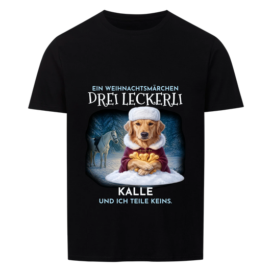 Drei Leckerli T-Shirt: Golden Retriever mit Pelzmütze im Winterwald mit Namen, schwarzes Shirt | Lil Snouts