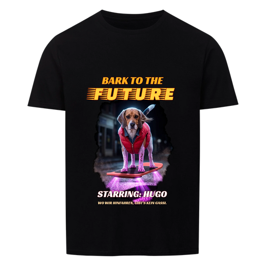 Schwarzes T-Shirt mit dem Bark-to-the-Future-Druck, Haustier und Name