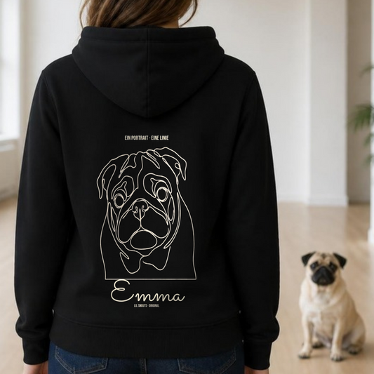 Getragenes Mockup Single-Line-Portrait Hoodie Rueckseite mit Mops