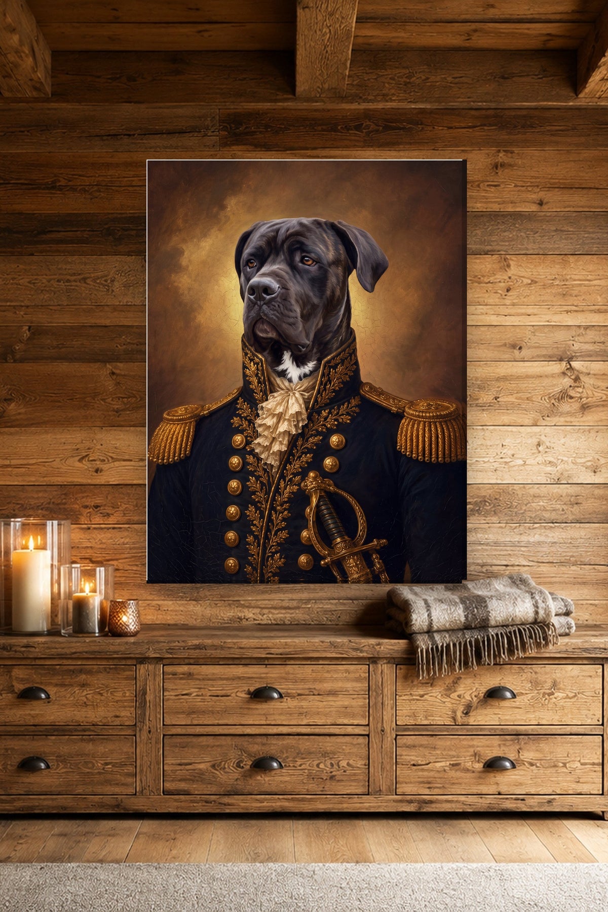 Leinwand im Landhaus: Dein Hund als Renaissance-General – personalisiertes Hundeportrait