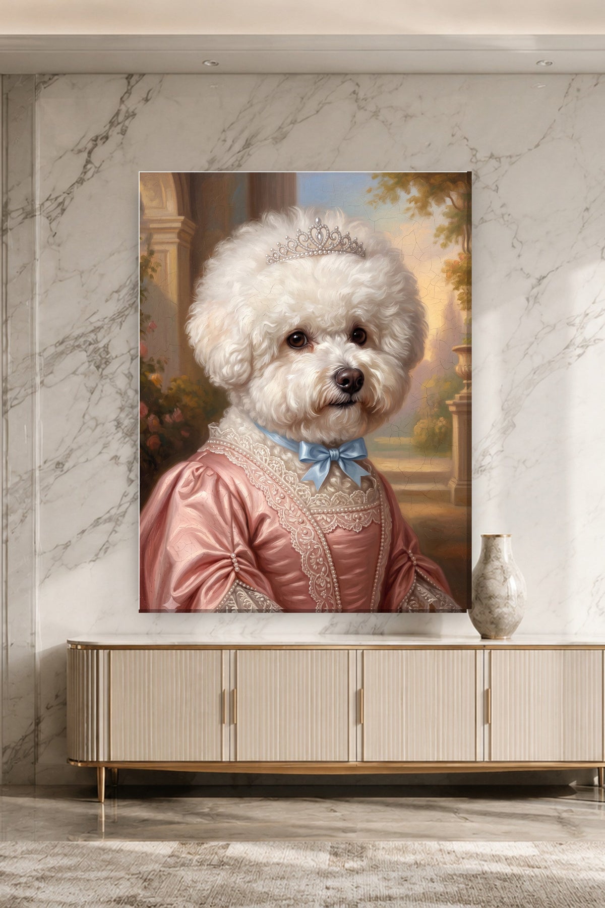 Leinwand im Marmorzimmer: Dein Hund als Renaissance-Prinzessin – personalisiertes Hundeportrait