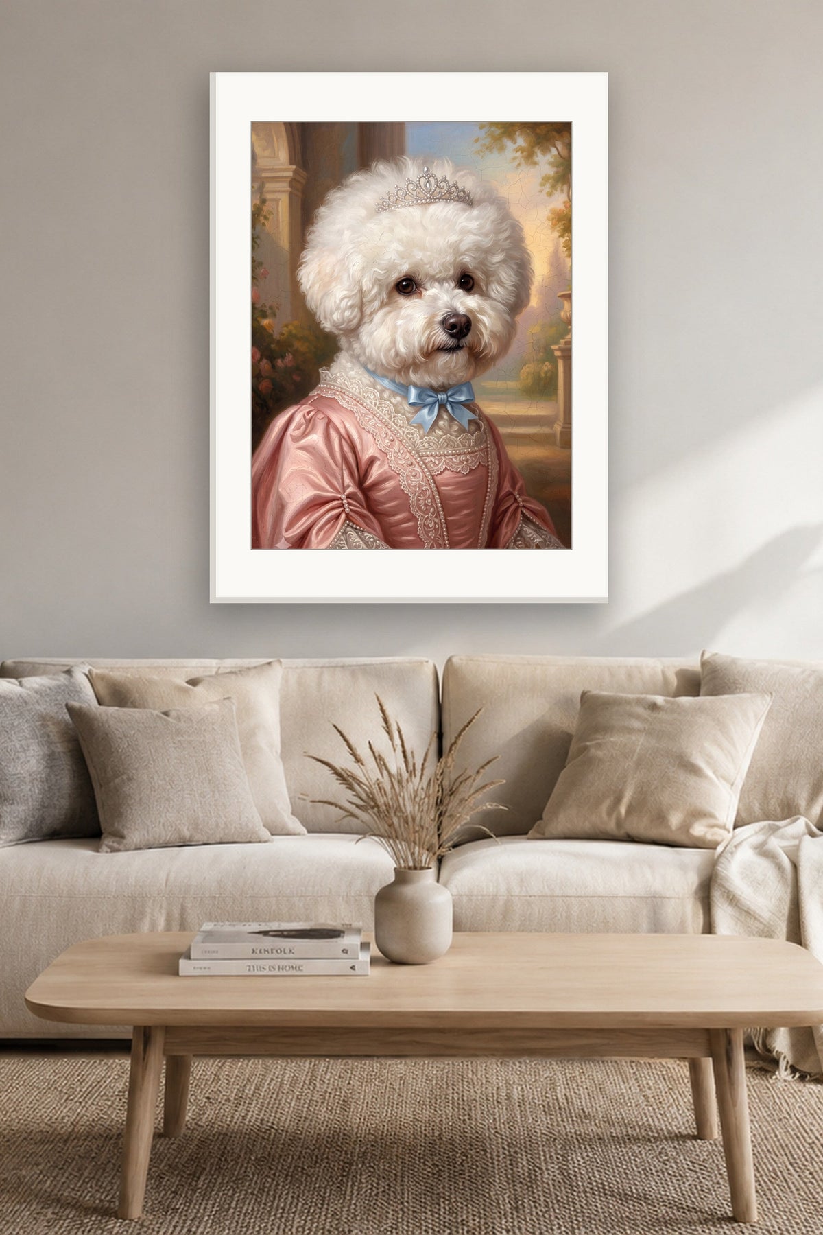 Poster im Wohnzimmer: Dein Hund als Renaissance-Prinzessin – personalisiertes Hundeportrait