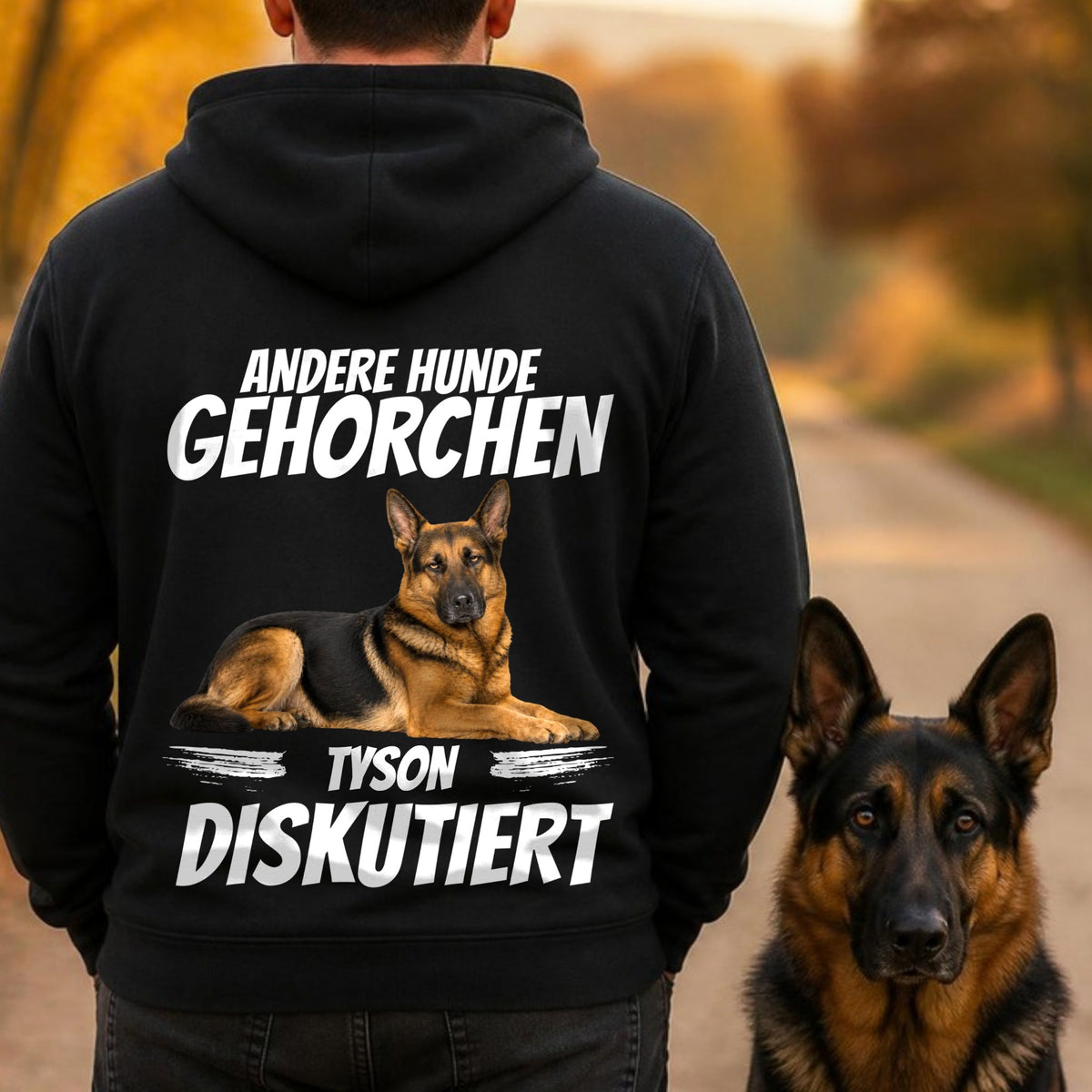 Mann von hinten im schwarzen Hoodie Andere Hunde gehorchen mit Schaeferhund